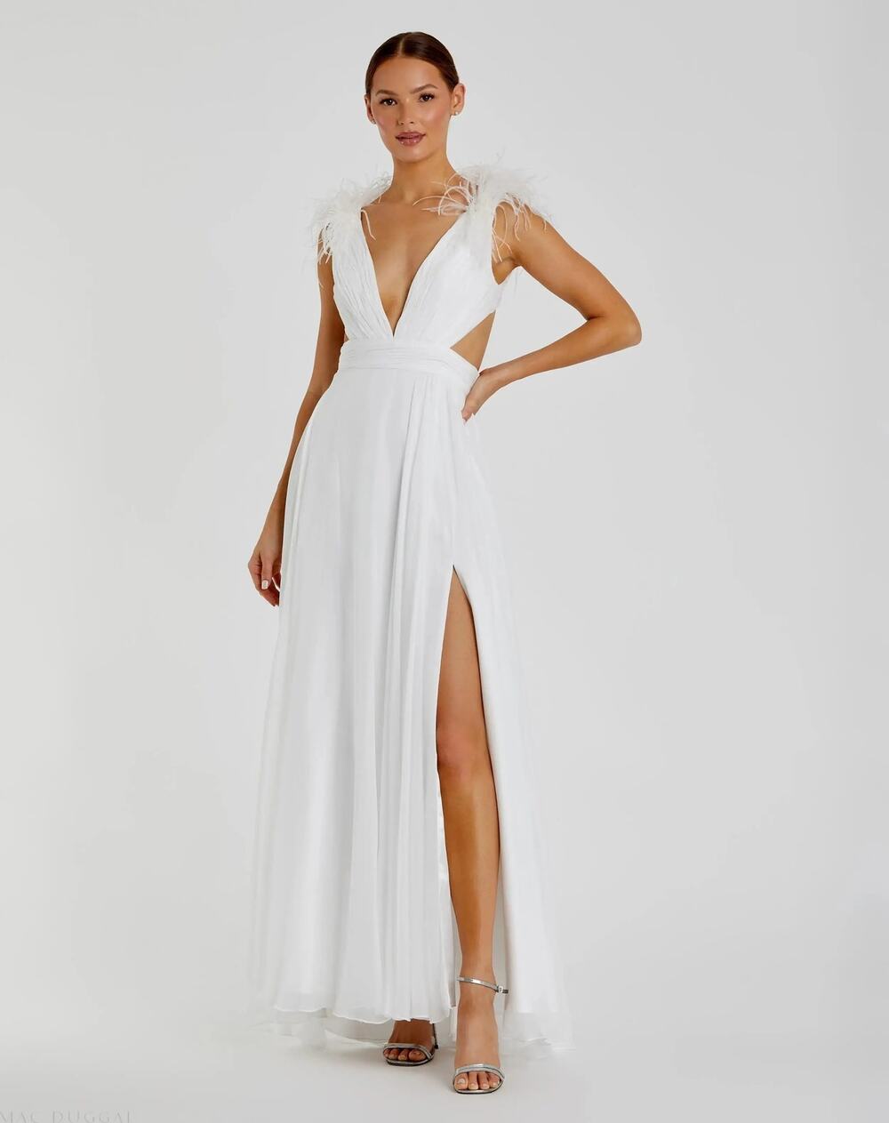 Mac Duggal 68113 Dress Plunge Ostrich Feather  Maxi A Line Gown White NWT 2
